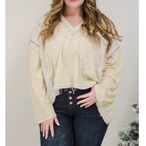 POL V-Neck Ribbed & Double Gauze Oversized Top - Picture 8 of 13